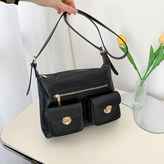 Faux Leather Shoulder Bag Crossbody with Front Pockets and Buckle Decor