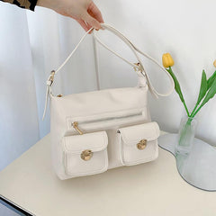 Faux Leather Shoulder Bag Crossbody with Front Pockets and Buckle Decor