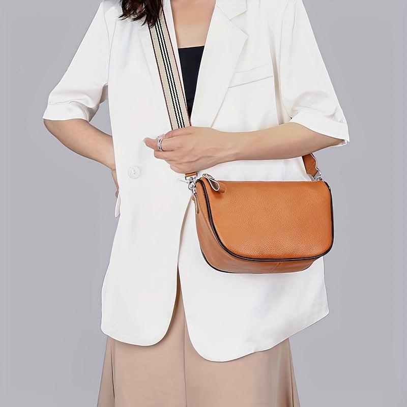 Retro Leather Crossbody Bag Women's Zipper Saddle Bag With Wide Strap