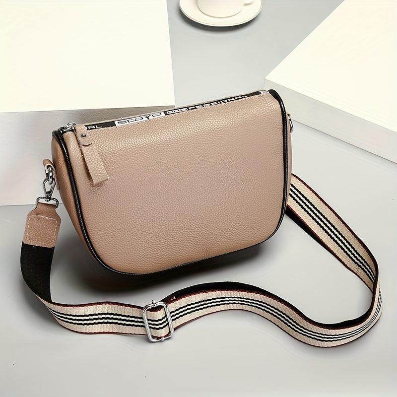 Retro Leather Crossbody Bag Women's Zipper Saddle Bag With Wide Strap