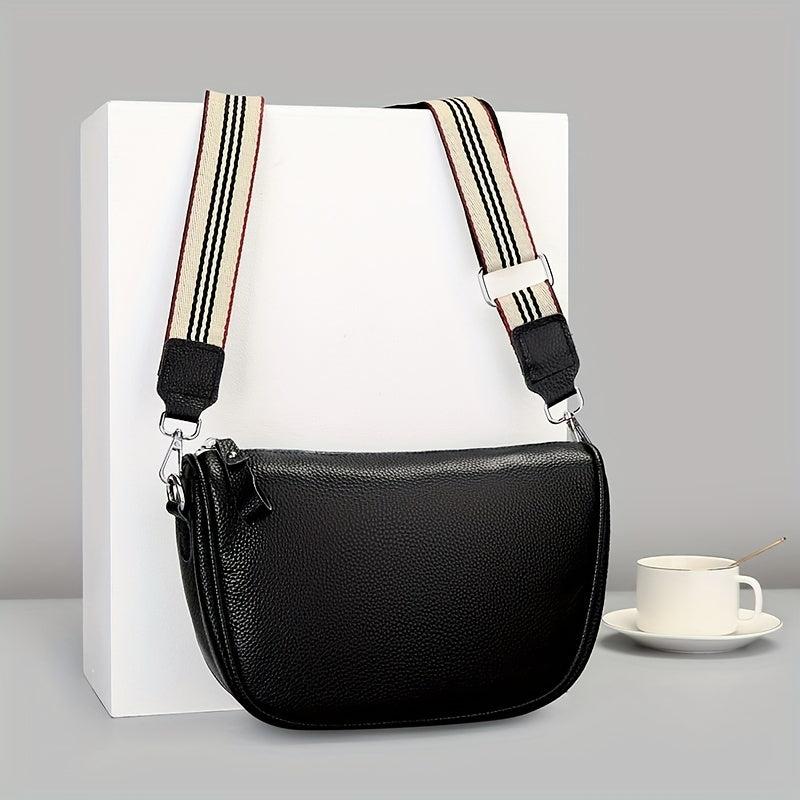 Retro Leather Crossbody Bag Women's Zipper Saddle Bag With Wide Strap