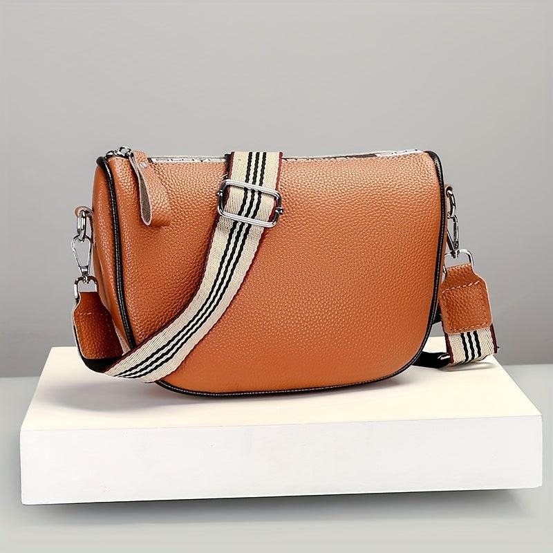 Retro Leather Crossbody Bag Women's Zipper Saddle Bag With Wide Strap