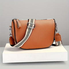 Retro Leather Crossbody Bag Women's Zipper Saddle Bag With Wide Strap