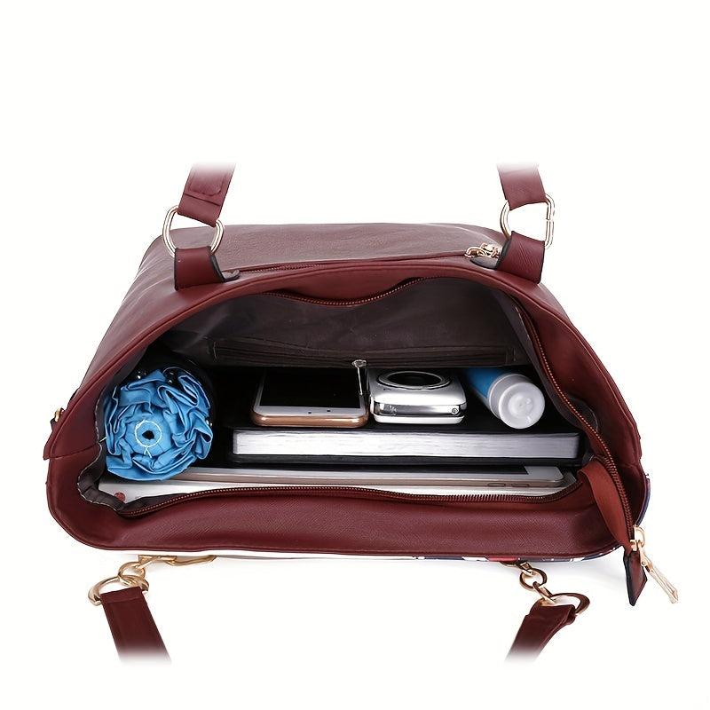 6Pcs Floral Pattern Handbag Set Vintage Tote Bag With Boston Bag