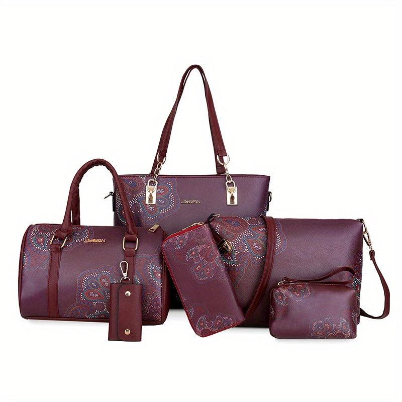 6Pcs Floral Pattern Handbag Set Vintage Tote Bag With Boston Bag