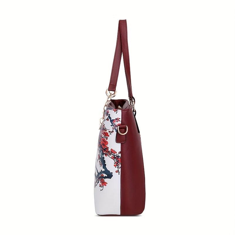 6Pcs Floral Pattern Handbag Set Vintage Tote Bag With Boston Bag