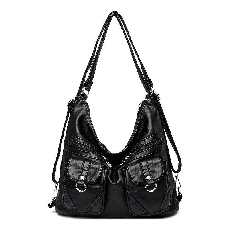 Vintage Pocket Front Hobo Bag Large Capacity Shoulder Purse Zipper Crossbody Bag
