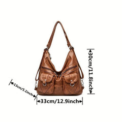 Vintage Pocket Front Hobo Bag Large Capacity Shoulder Purse Zipper Crossbody Bag