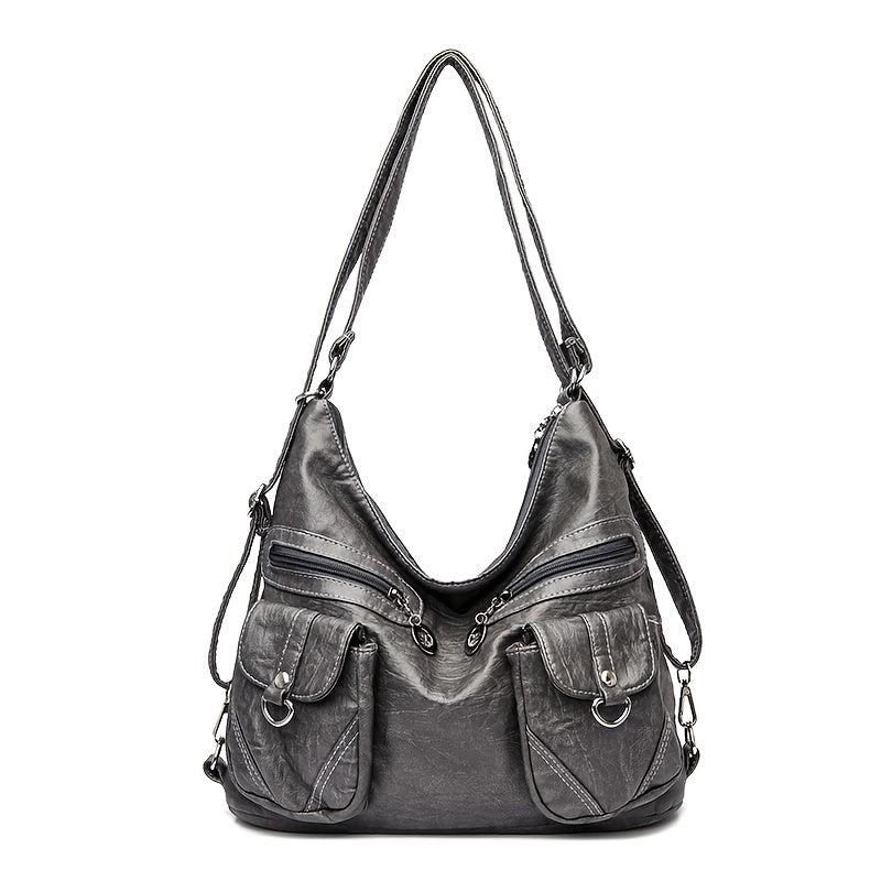 Vintage Pocket Front Hobo Bag Large Capacity Shoulder Purse Zipper Crossbody Bag