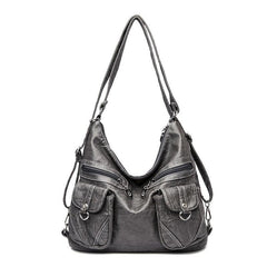 Vintage Pocket Front Hobo Bag Large Capacity Shoulder Purse Zipper Crossbody Bag