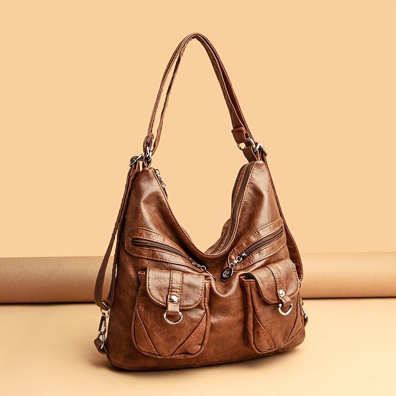 Vintage Pocket Front Hobo Bag Large Capacity Shoulder Purse Zipper Crossbody Bag