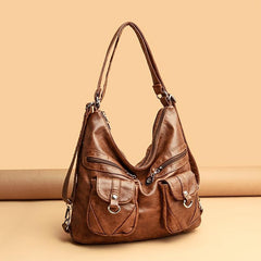 Vintage Pocket Front Hobo Bag Large Capacity Shoulder Purse Zipper Crossbody Bag