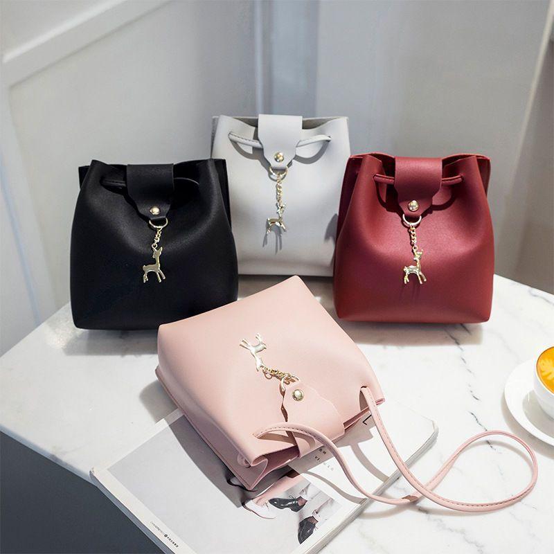 Faux Leather Mini Deer Bucket Crossbody Bag Drawstring Purse