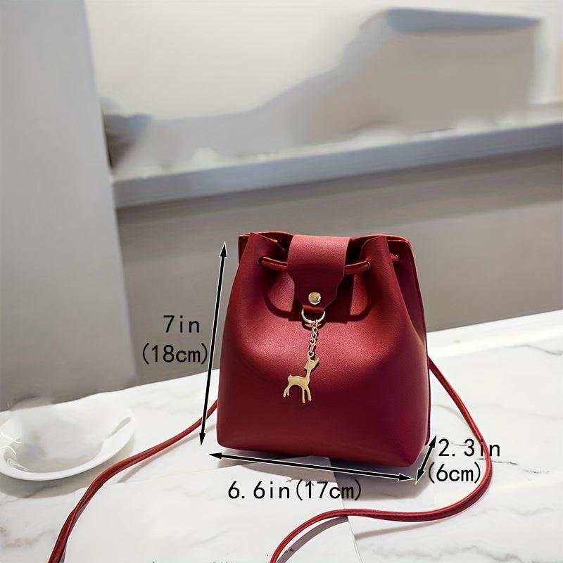 Faux Leather Mini Deer Bucket Crossbody Bag Drawstring Purse