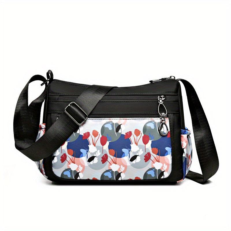 Flower Print Crossbody Bag Waterproof Nylon Shoulder Bag Zipper Purse