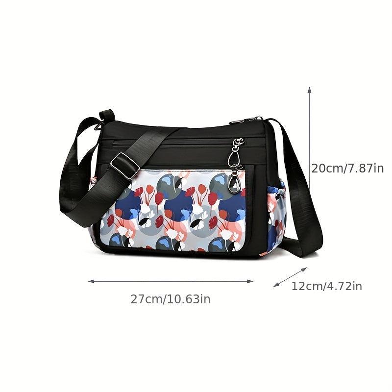 Flower Print Crossbody Bag Waterproof Nylon Shoulder Bag Zipper Purse