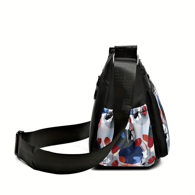 Flower Print Crossbody Bag Waterproof Nylon Shoulder Bag Zipper Purse