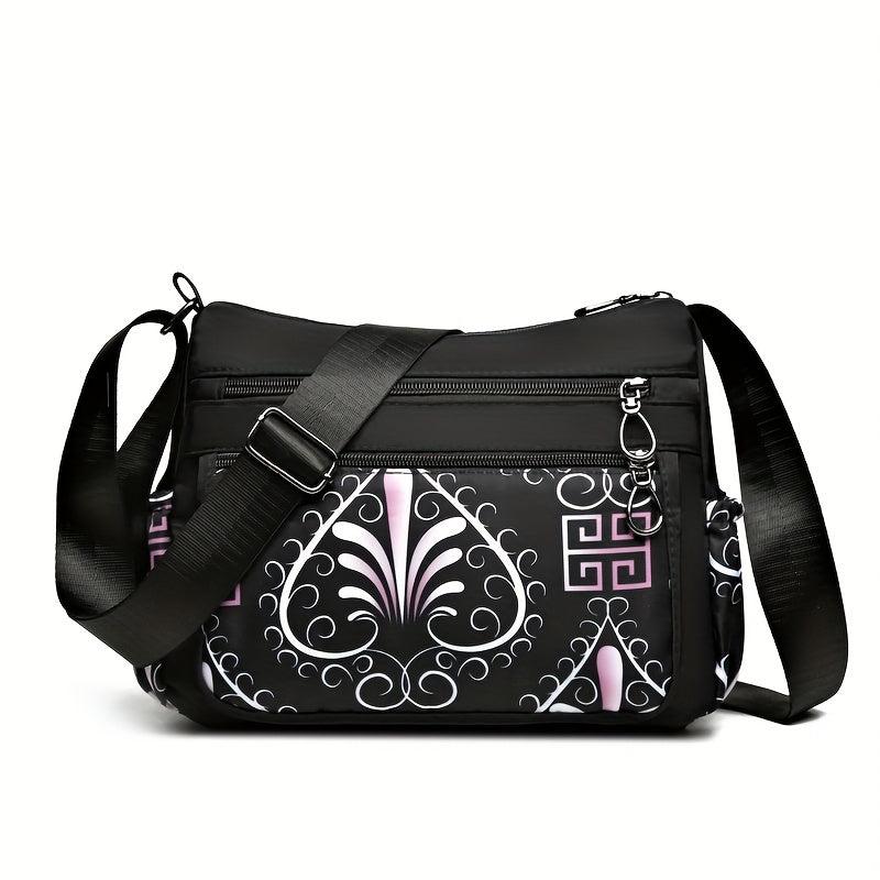 Flower Print Crossbody Bag Waterproof Nylon Shoulder Bag Zipper Purse