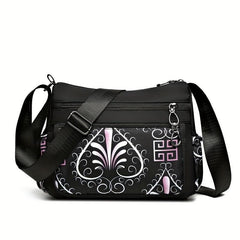Flower Print Crossbody Bag Waterproof Nylon Shoulder Bag Zipper Purse