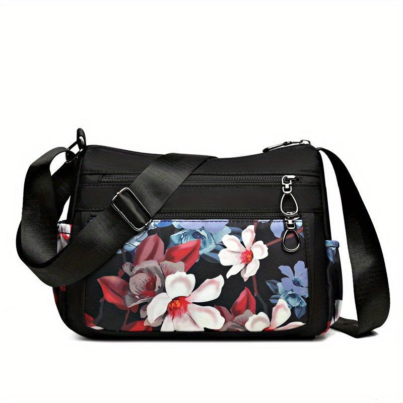 Flower Print Crossbody Bag Waterproof Nylon Shoulder Bag Zipper Purse