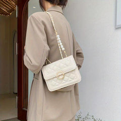 Quilted Square Flap Crossbody Bag with Pearl Chain Women's Handbag