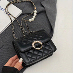 Quilted Square Flap Crossbody Bag with Pearl Chain Women's Handbag