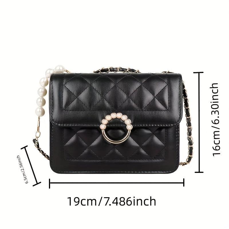 Quilted Square Flap Crossbody Bag with Pearl Chain Women's Handbag