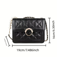 Quilted Square Flap Crossbody Bag with Pearl Chain Women's Handbag