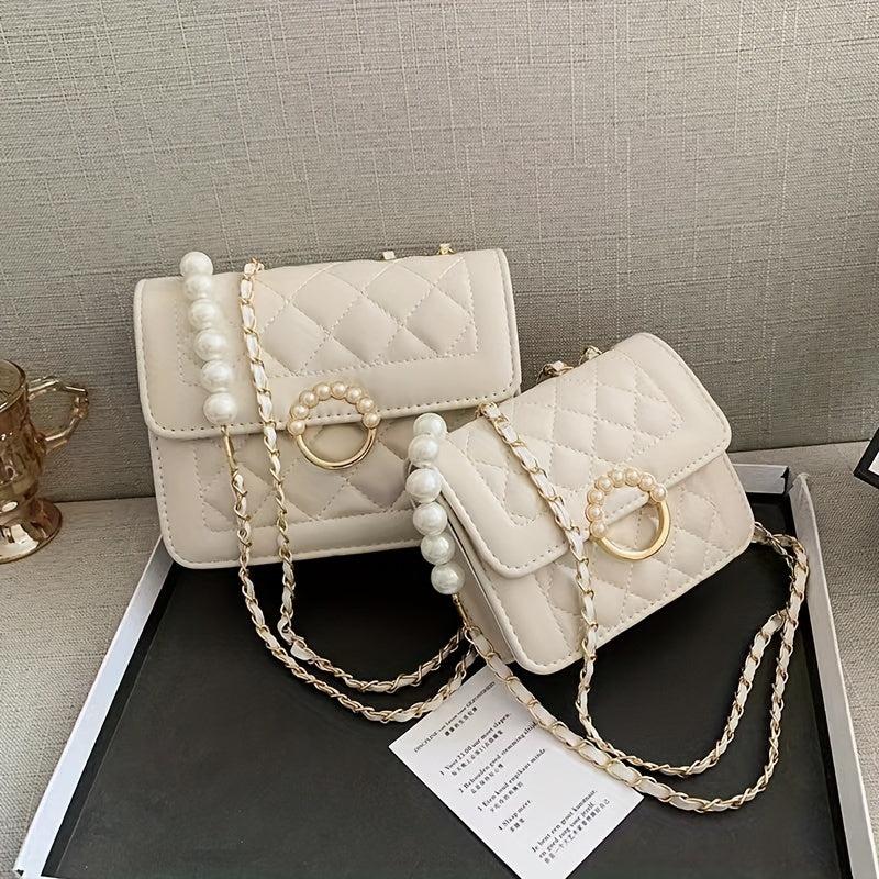 Quilted Square Flap Crossbody Bag with Pearl Chain Women's Handbag