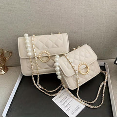 Quilted Square Flap Crossbody Bag with Pearl Chain Women's Handbag
