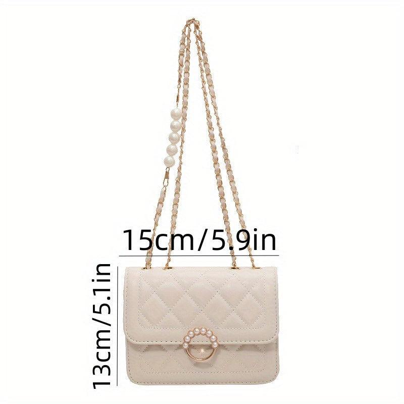 Quilted Square Flap Crossbody Bag with Pearl Chain Women's Handbag