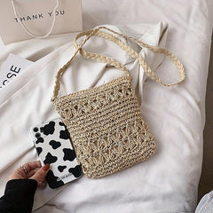 Straw Beaded Tassel Shoulder Bag Crossbody Zipper Weave Solid