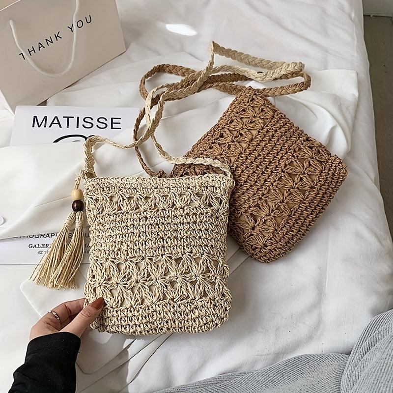 Straw Beaded Tassel Shoulder Bag Crossbody Zipper Weave Solid