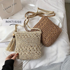 Straw Beaded Tassel Shoulder Bag Crossbody Zipper Weave Solid
