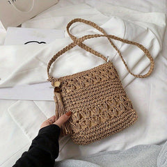 Straw Beaded Tassel Shoulder Bag Crossbody Zipper Weave Solid