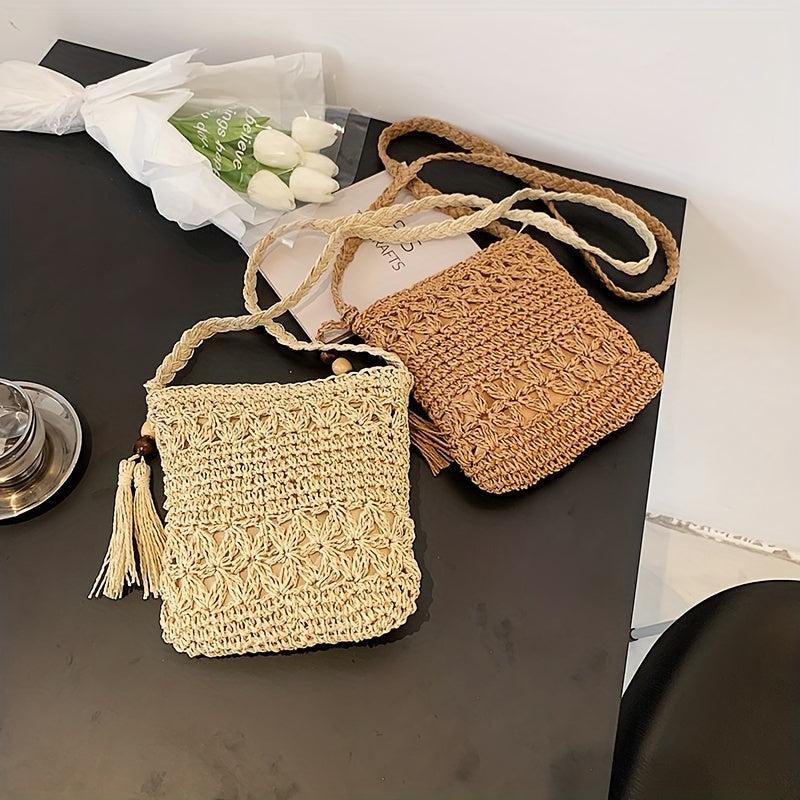 Straw Beaded Tassel Shoulder Bag Crossbody Zipper Weave Solid