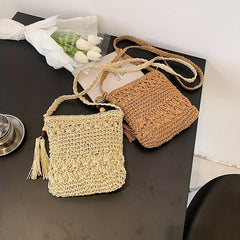 Straw Beaded Tassel Shoulder Bag Crossbody Zipper Weave Solid