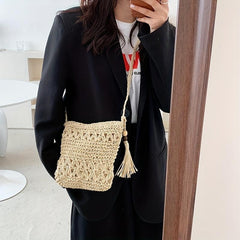Straw Beaded Tassel Shoulder Bag Crossbody Zipper Weave Solid