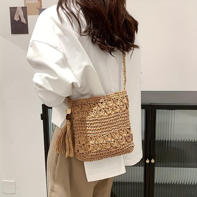 Straw Beaded Tassel Shoulder Bag Crossbody Zipper Weave Solid