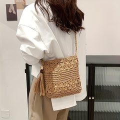 Straw Beaded Tassel Shoulder Bag Crossbody Zipper Weave Solid