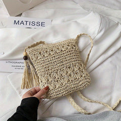 Straw Beaded Tassel Shoulder Bag Crossbody Zipper Weave Solid
