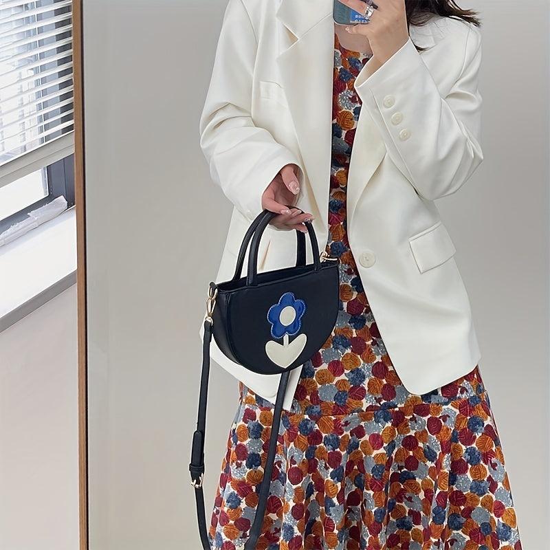 Colorblock Flower Patched Crossbody Bag Niche Satchel Bag