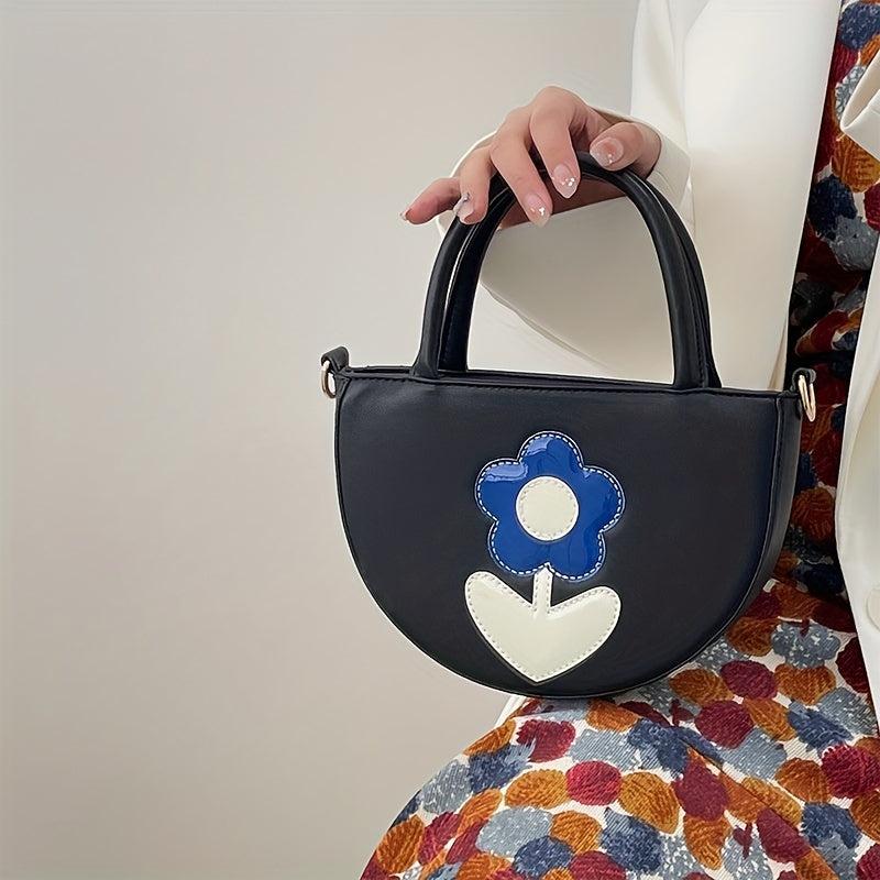 Colorblock Flower Patched Crossbody Bag Niche Satchel Bag