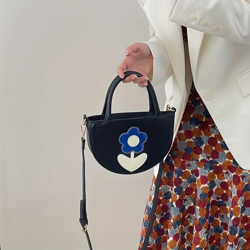 Colorblock Flower Patched Crossbody Bag Niche Satchel Bag