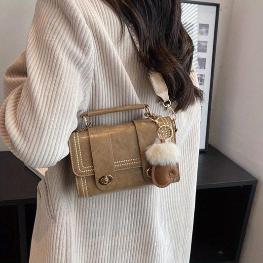 Vintage Crossbody Bag Small Buckle Decor Handbag Women's PU Leather Flap Purse