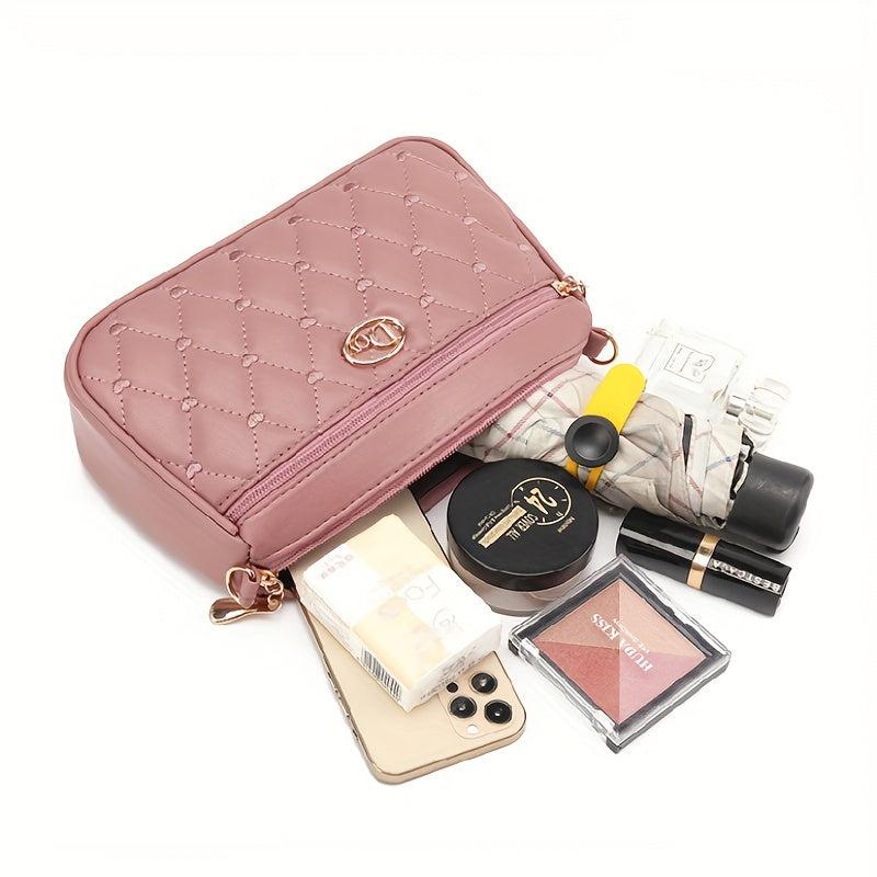 Heart Embroidery Crossbody Bag Layer Shoulder Purse Women's PU Leather Phone Bag