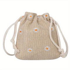 Boho Daisy Embroidery Straw Crossbody Bag Drawstring Bucket Bag