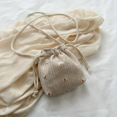 Boho Daisy Embroidery Straw Crossbody Bag Drawstring Bucket Bag