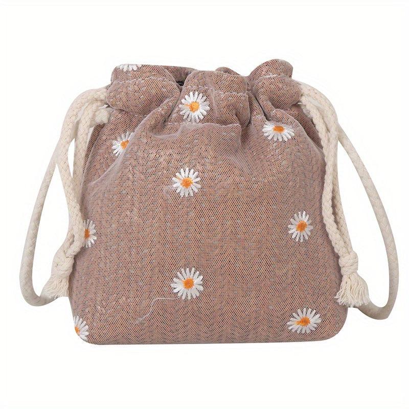 Boho Daisy Embroidery Straw Crossbody Bag Drawstring Bucket Bag