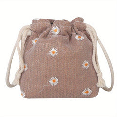 Boho Daisy Embroidery Straw Crossbody Bag Drawstring Bucket Bag